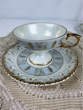 Vintage Lustreware Footed Tea Cup & Saucer Gold Trim Lattice Edge Japan